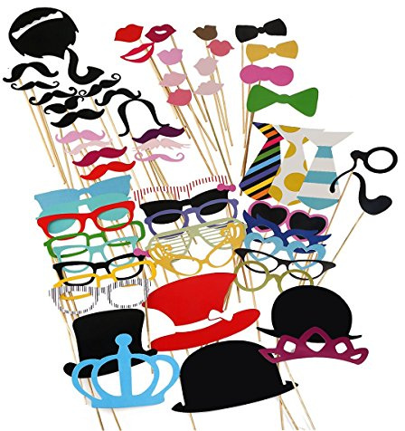 Tinksky Photo Booth Props 60 piece DIY Kit for Wedding Party Reunions Birthdays Photobooth Dress-up Accessories & Party Favors, Costumes with Mustache on a stick, Hats, Glasses, Mouth, Bowler, Bowties