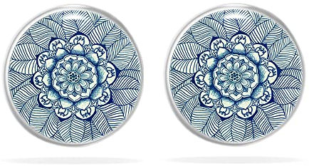 Damen Ohrringe Mandala Ornament Blumen Blau Handmade Blume Des Lebens Ohrstecker Cabochon Edelstahl Silber Beste Freunde Geschenk Muttertag