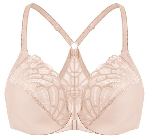 MELENECA Women's Front Fastening Racerback Plus Size Stretch Lace Underwire Unlined Bras Beige 38D