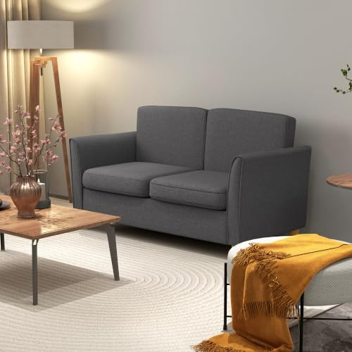 HOMCOM 2 Seater Sofa Compact Loveseat with Wood Legs Armrest Dark Grey | Linen Upholstered Couch, Small Sofa, Living Room, Home Office