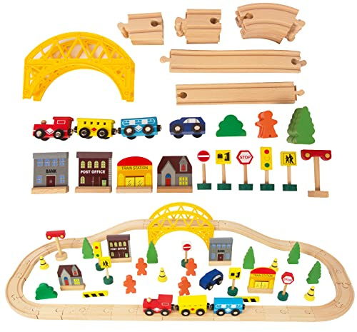 60Pcs Train Set for 3 Year Old Boys, Double-Side Wooden Train Set Tracks for Toddlers, Fits Brio, Thomas, Melissa and Doug, Kids Wood Train Toys for 3 4 5 Year Old Boys and Girls (Yellow)