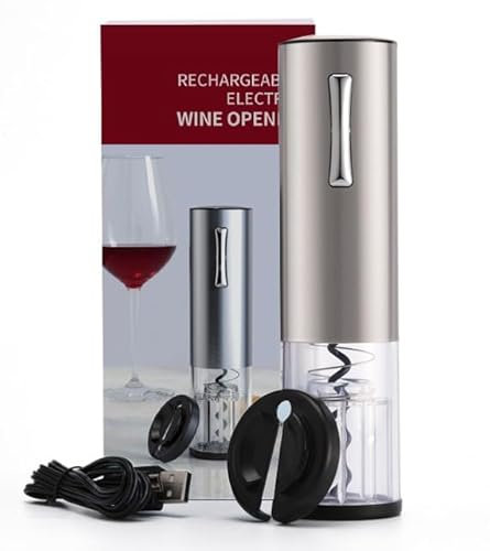 KAVYDENS Juego de abridor de vino eléctrico 4 en 1, recargable por USB, con decantador de vino, aireador, vertedor, tapón de vino y cortador de papel de aluminio (3 en 1 recargable, acero inoxidable)