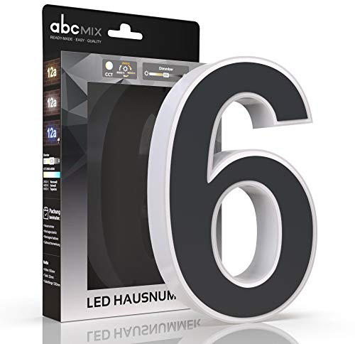 abcMIX LED Hausnummer 6 - Personalisierbare Beleuchtete Hausnummernleuchte in Anthrazit mit Lichtfarbeneinstellung und Dimmbarkeit