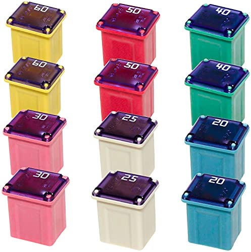 Jcase Blocksicherung 12 Stück Mini Auto Sicherungen Kfz Sicherungen Set Mini Sicherungen 20A 25A 30A 40A 50A 60A Autosicherungen Set für Trucks PKW und SUVS