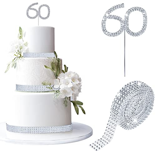 2 Pcs Wedding Anniversary Cake Topper 5 Yards Decorative Acrylic Rhinestone Diamond Ribbon for Cake Decoration for Birthday Party or Wedding Anniversary Party Supplies(60th Style)
