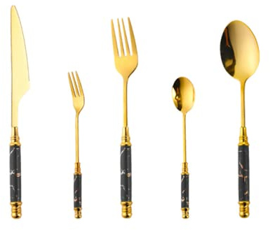 Set di stoviglie in marmo con manico in ceramica portatile 410 in acciaio inox dorato set da tavola set posate posate set coltello bistecca forchetta cucchiaio vestito (nero)