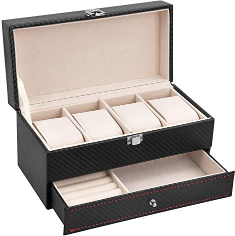 Uhrenbox 4 Uhren Fächer Watch Box Uhrenkasten Uhren Aufbewahrungsbox Schmuckkasten Schwarz Schmuckschatulle für Herren Damen Uhren Organizer Uhrenschatulle Uhrenkoffer Uhrenschachtel