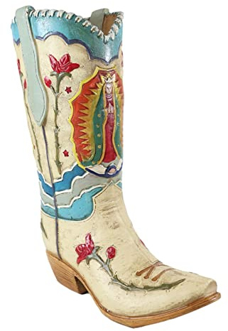 Ebros Gift Rustic Western Colorful Faux Tooled Leather Cowboy Cowgirl Boot with Lady Madonna Guadalupe and Roses Artwork Decorative Figurine Or Floral Vase Planter Table Shelf Countertop Accent