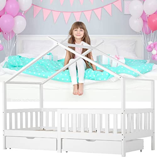 HUMNZR Hausbett Kinderbett mit Schublade Rausfallschutz weiß (200x90 cm)