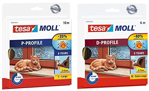 tesamoll P-Profil Gummidichtung - Selbstklebende Dichtung zum Isolieren von Spalten an Fenstern und Türen - Braun - 10 m x 9 mm x 5,5 mm & moll D-Profil Gummi Fenster und Türdichtung braun 6m