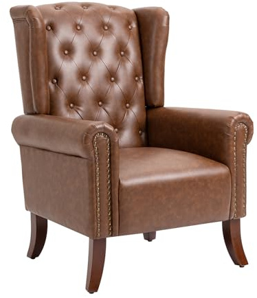 MOJAY Mid-Century PU Leather Accent Chair, Living Room Lounge Sofa Chair with Buttons, Single Club Armchair with Rivet Trim for Bedroom Home Reception (Brown)