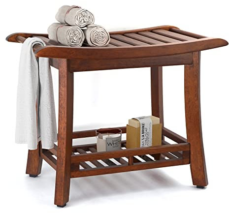 RANDEFURN 24“ Teak Shower Bench with Shelf, 2-Tier Wooden Shower Seat Spa Stool, Brown
