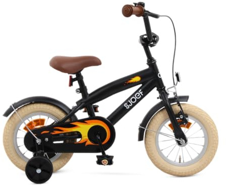 SJOEF Cruise Kinderfahrrad 12 Zoll | Ab 2-4 Jahren | einfache Montage (95% vormontiert) | Kinder Fahrrad für Jungen/Jugend | Kleidergröße von 90 bis 105 cm | inklusive Stützräder - Matt Schwarz