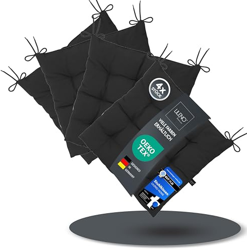 LILENO HOME 4er Set Stuhlkissen 33 Schwarz (40x40x6 cm) - Sitzkissen für | Garten, Küche oder Esszimmer - UV-beständige indoor u. outdoor Stuhlauflage als Stuhl-Kissen (Linda FUM)