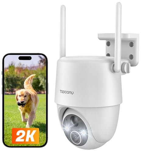 Topcony 2K 360° PTZ Battery Wireless Security Camera Outdoor Color Night Vision, Rechargeable Wi-Fi CCTV Systems, Siren Light, 2-Way Audio, AI Motion Detection, SD/Cloud, Alexa/Smartwatch, White