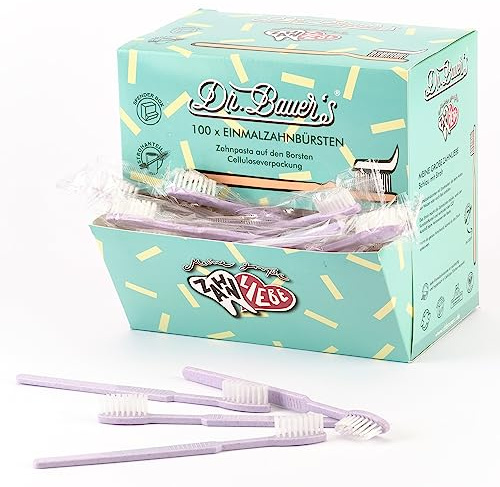 Dr. Bauer's Brosses à dents jetables avec dentifrice – paquet de 100 – brosse à dents de voyage écologique avec paille – pour dentistes, hôtels, camping – distributeur violet