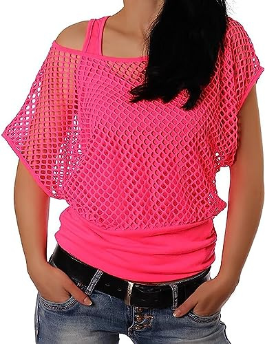 ELFIN Damen Netzshirt Netztop Netzhemd 80er Jahre Outfits Karneval Fasching Motto Party Tops Netzoberteil Sommertops, Neonpink, L