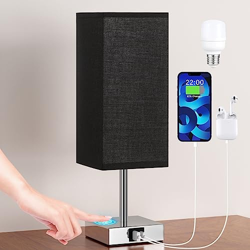 Aooshine Bedside Lamps, Touch Control Table Lamp with USB A+C Charging Ports, Lamps 3 Way Dimmable, for Bedroom Living Room-Black Fabric Shade (LED Bulb Included)