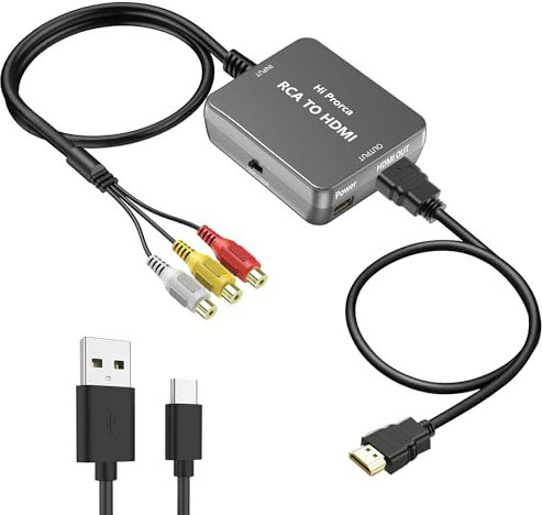 Hiprorca RCA to HDMI Converter, AV to HDMI Converter Adapter, Composite CVBS Video Audio Converter Adapter for N64/PS2/STB/VHS/VCR/DVD, (Includes HDMI Cable)