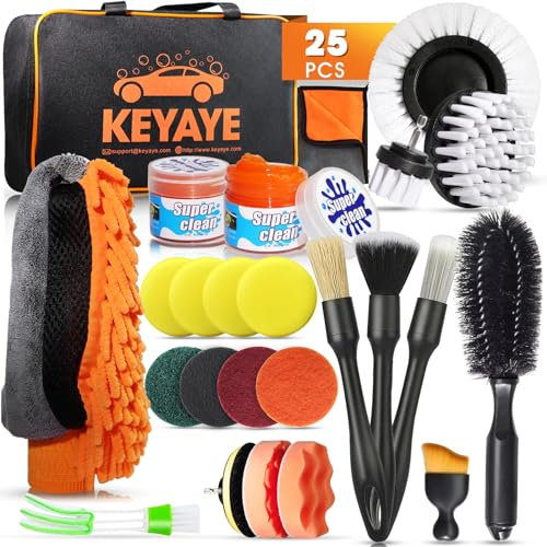 KEYAYE 25 Pièces Kit Nettoyage Voiture Interieur Exterieur - Lot de Produit Nettoyage Voiture avec Brosse Jante Nettoyage Voiture, Pinceau Detailing Auto, Chiffon et Gant Microfibre, Pads Polissage