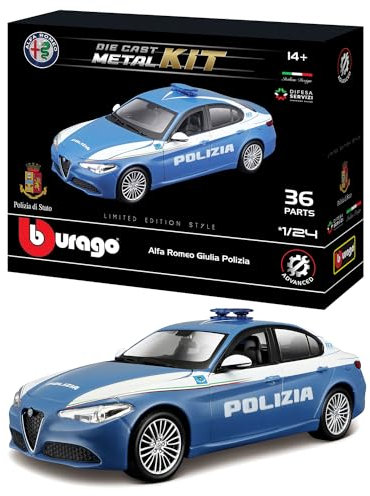 BBURAGO Model Kit Giulia Polizia – Modellino Realistico Auto in Scala 1:24, Licenza Ufficiale Polizia e Alfa Romeo, Età Consigliata 14+ Anni