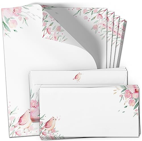 10 Briefpapier mit Briefumschlag Set | Rosa Blüten Spatz | Papier und Umschlag mit Design-Motiv bedruckt | 90 g/m²