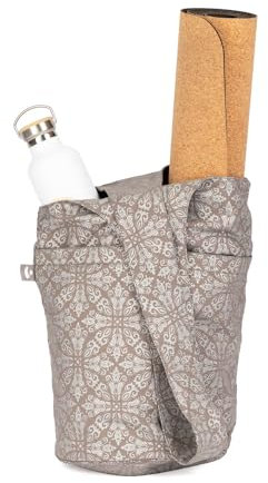 Yogatasche RAJA | Baumwolltasche mit Tragegurt | Slouchy Bag groß | Schultertasche für Yogamatten und Zubehör | Elegante Sporttasche | Maharaja Collection | Taupe Tasche mit silbernem Mandala Print