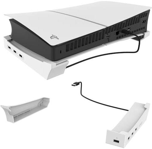 BeisDirect Horizontaler Ständer für PS5 Slim Konsole mit 4-Port USB Hub, PS5 Slim Zubehör Basishalter für PS5 Slim Disc & Digital Editions, 1 USB 2.0 Schnellladeanschluss & 3 erweiterte