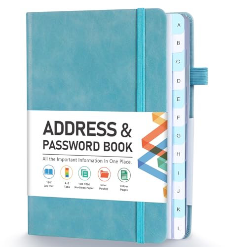 Adressbuch, Adress- und Passworthalter mit alphabetischen Registern, Hardcover-Telefonbuch, Adress-Organizer, Aufzeichnung mit Tasche, farbige Seiten, 11,9 x 14,7 cm, Blau