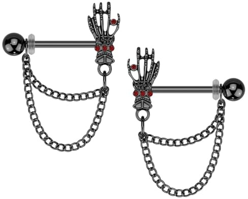 beyoutifulthings Paar Brustwarzen-piercings Skelett-Hand Schwarz Silber Rot Ketten-Anhänger Brust-piercing Nippel-piercing Chirurgenstahl Stab 12-mm