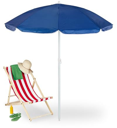 Relaxdays Azul 160 cm Sombrilla Playa, Ø, Altura Regulable, Inclinable, Protección UV, Parasol con Bolsa, Balcón, Acero