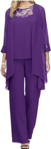 Las Mujeres de Tres Piezas de Gasa Camisa de Tul Vestido de Noche Conjunto de Fiesta de cóctel de celebración Conjunto de Pantalones Elegante Traje de Tres Piezas de la Vendimia (Púrpura,XXL)