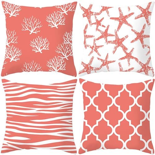 Kissenbezug 50x50 cm Leinen Kissenhülle 4er Set Errötende Koralle Dekokissen Kissenbezüge Quadratische Sofakissen Kopfkissenbezug für Outdoor Couchkissen Wohnzimmer Zierkissenbezug