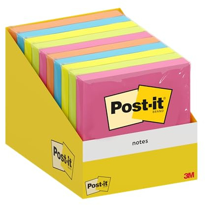 Post-it-anteckningar, blandade färger, paket med 10 dynor, 100 ark per dyna, 76 mm x 76 mm, kartongpaket, 100% PEFC - självhäftande anteckningar för anteckning, att göra-listor och påminnelser