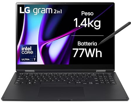 LG gram Pro 2in1 16T90SP Notebook convertibile 16 IPS Touch 2.5K (2560x1600), Intel Core Ultra 7 155H, 16GB RAM, 512GB SSD, Ultraleggero solo 1.4kg, Batteria 77Wh, Windows 11, Tastiera italiana, Nero