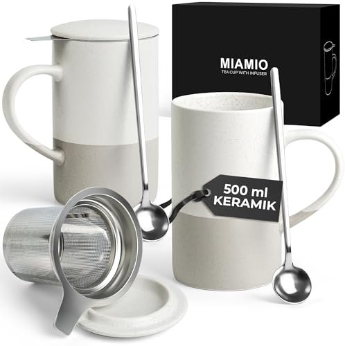 MIAMIO - Set di tazze da tè 2 x 500 ml con infusore e coperchio/Tazza da tè in ceramica con infusore e cucchiaio per la macerazione del tè in foglie, regali per gli amanti del tè (Grigio)