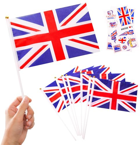 Union Jack Flag Set - 10pcs Sticks & 2pcs Tattoos, Oly 2024 Decorations