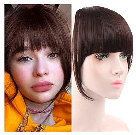 Pony Fransen Pony-Haare for Frauen, gerade, synthetische, stumpfe Pony, Clip-in-Pony-Haarverlängerungen, synthetischer, ordentlicher, flacher Pony mit Schläfen, dicke Stirnfransen, Pony-Haarteile for