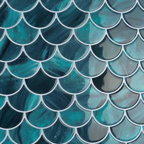CRE8TIVE Green Self Adhesive Wall Tiles Fan Shape Splashback For Kitchen 4Pcs Dark Green Marble Effect Bathroom Tile Stickers Waterproof Peel and Stick Wall Tiles Fireplace Shower Room 30.5cm x 30.5cm