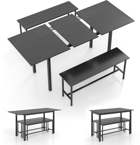 COSTWAY 3-Piece Dining Table Set for 4-6, Extendable Kitchen Table and Benches Set with Anti-collision Protector, Space-Saving Dining Room Furniture Set for Home Living room Restaurant