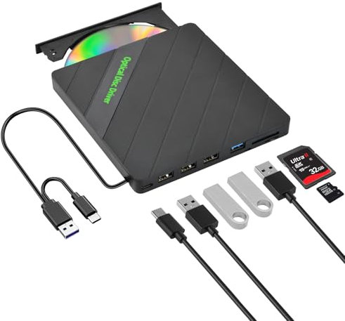 Focenat Masterizzatore DVD CD Externo,Portatile USB e Type-C Unità CD DVD Esterna,con e 2 Lettore di Schede TF/SD,Unità esterna portatile sottile,Lettore CD DVD Esterno,Per Laptop Mac PC Windows