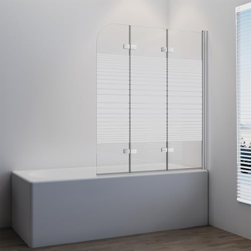IMPTS Duschwand Faltwand für Badewanne 3 teilig, Badewannenaufsatz mit Milchglas Streifen 120x140cm Badewannenfaltwand Duschabtrennung mit 6mm Teilsatiniert Nano ESG Glas 180° Schwingen