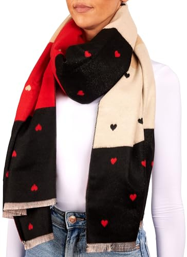 BRUBAKER Cashmirillo Damen Schal mit Herz Muster - 70 x 200 cm - Warm, Kuschelig und Oversized - Winterschal für Herbst und Winter - Weiches Kaschmir-Gefühl - Rot, Schwarz und Beige