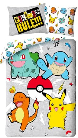Pokémon Housse de Couette 140x200 + Taie Microfibre Pikachu Carapuce Cadeau | Parure de lit réversible 1 personne | Microfibre ultra douce séchage rapide Oeko-Tex | Licence Pokémon | 4-12