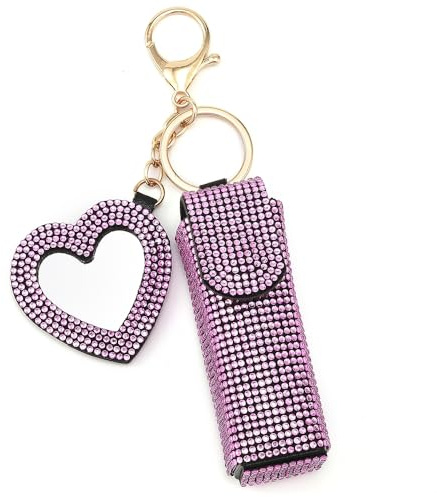 XhuangTech Étui à rouge à lèvres bling - En cuir synthétique - Porte-clés avec miroir en forme de cœur - Mini rangement portable pour baume à lèvres - Décoration pour sac, sac à main, portefeuille,