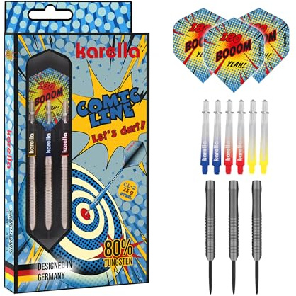 Karella Profi Steeldarts Comic-Line 80% Tungsten, 5 Modelle, 21-24 gr. formstabile Polycarbon Schäfte, Flights 100 Mic. Dartpfeile inkl. Ersatzschäfte und PVC-Box