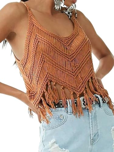 Women‘s Fringe Cami Western Cowgirl Tassel Tank Tops Sleeveless V-Neck Crochet Crop Top Boho Knitted Spaghetti Straps Vest (US, Alpha, Large, Regular, Regular, Brown)