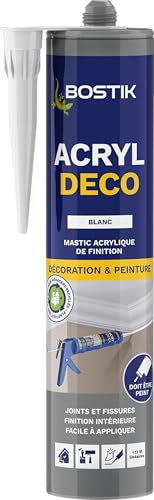 Bostik Acryl Déco – Mastic Acrylique – Finitions Intérieur – Faible retrait – Tous Matériaux – Couleur : Blanc – Cartouche 310 ml