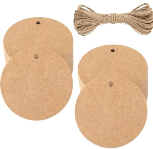 Kraftpapier Rund Anhänger Etiketten, 50 Stück Braun Geschenkanhänger mit 50 Stück Juteschnur, 5.5 CM kraftpapier Etiketten Tags, für Verpacken, Hochzeiten, Partys, Wahletiketten, Preisschilder