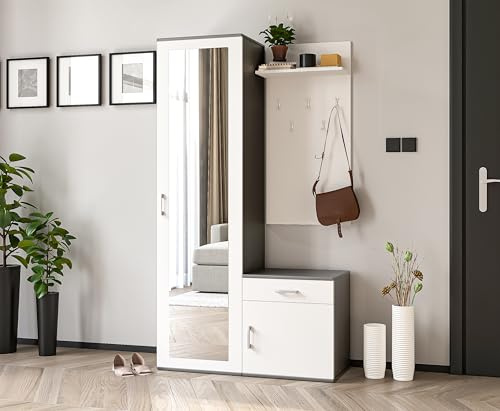 AXLIVING Garderobe mit Spiegel Magnola – 100 cm Breit, Grau & Weiß